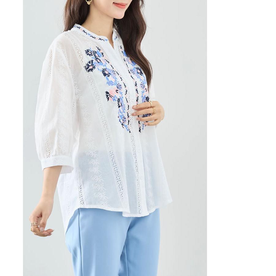 新品総刺繍ビッグ襟クラシックコットンブラウスミントネイビーホワイト紺白七分袖綿 b13870ps-01.jpg