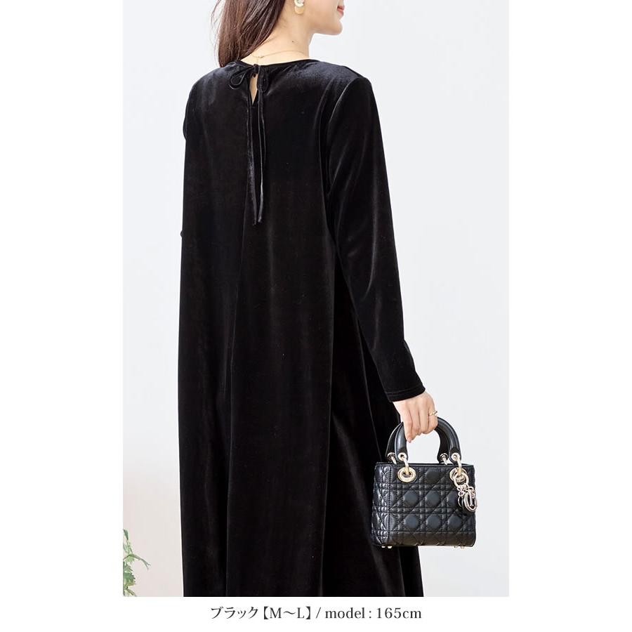 ベロア ワンピース レディース リボン 長袖 丸首 フレア 防寒 秋 冬 春