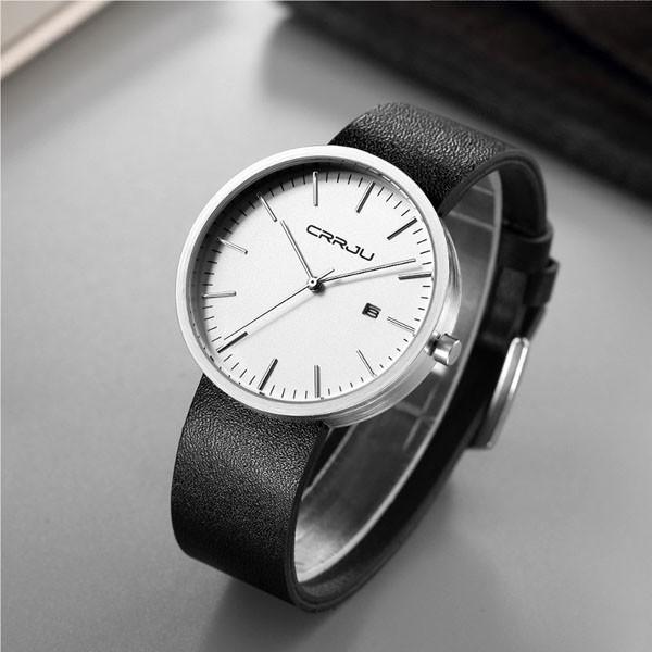 ミニマムデザイン シンプル 3針 デイト付/CRRJU 2128 メンズクォーツ腕時計 /白文字盤 銀ベゼル 黒革ベルト 送料無料