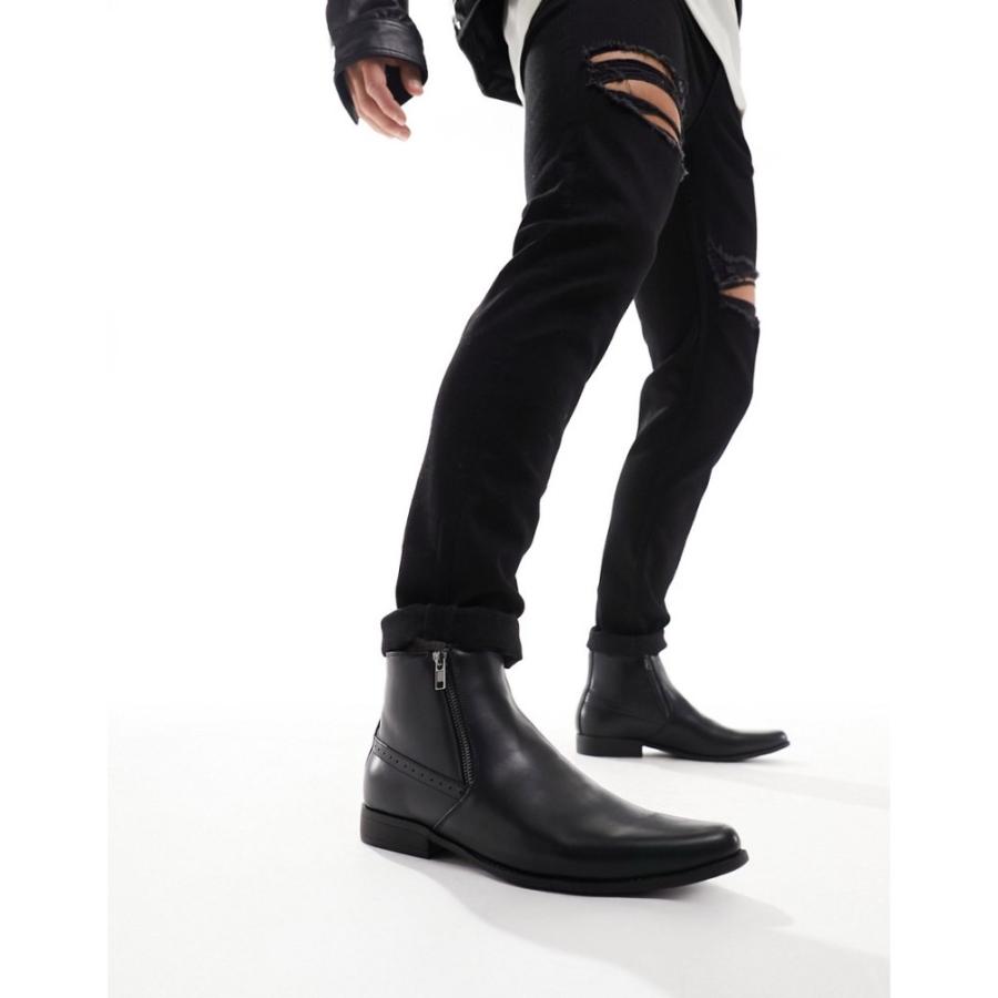エイソス (ASOS DESIGN) メンズ ブーツ シューズ・靴 Chelsea Boots In Black Faux Leather With Zips (ブラック)｜nul-select｜04