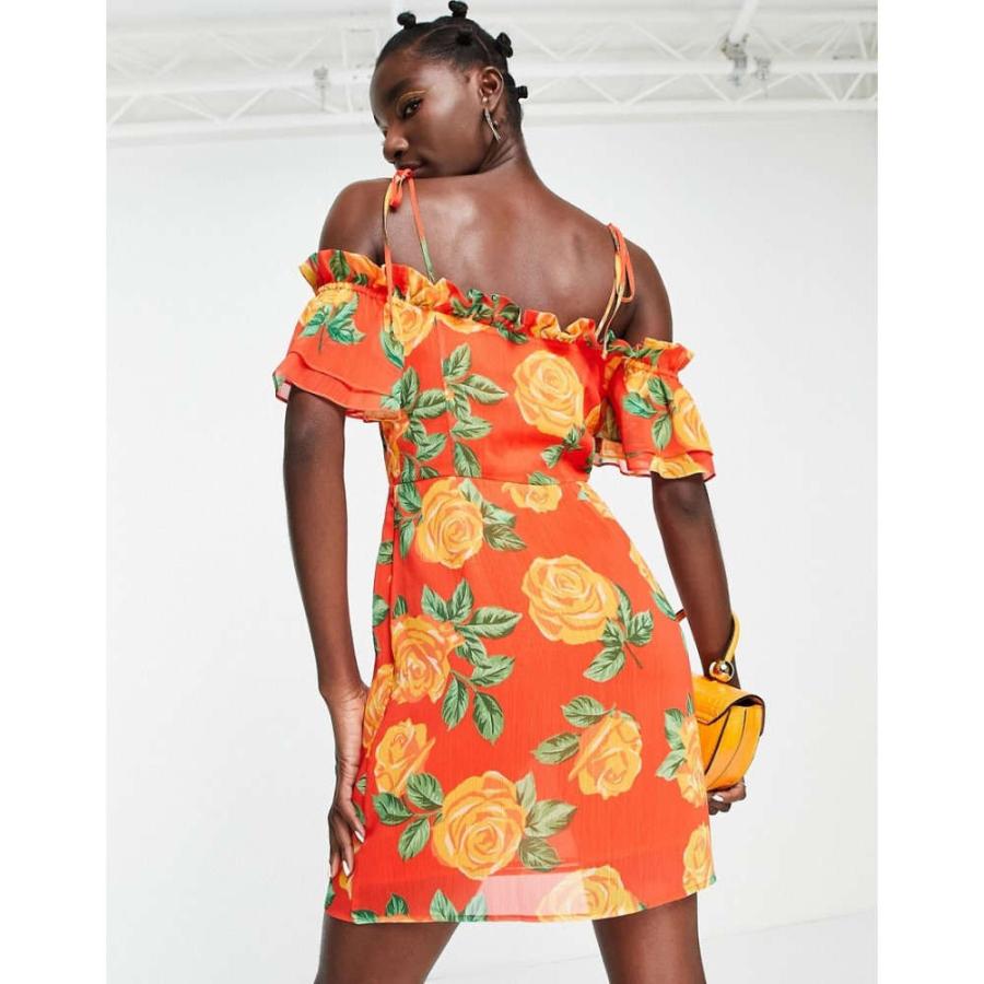 トップショップ (Topshop) レディース ワンピース ワンピース・ドレス Frill Bardot Tie Shoulder Floral Mini Dress In Orange (オレンジ)｜nul-select｜02