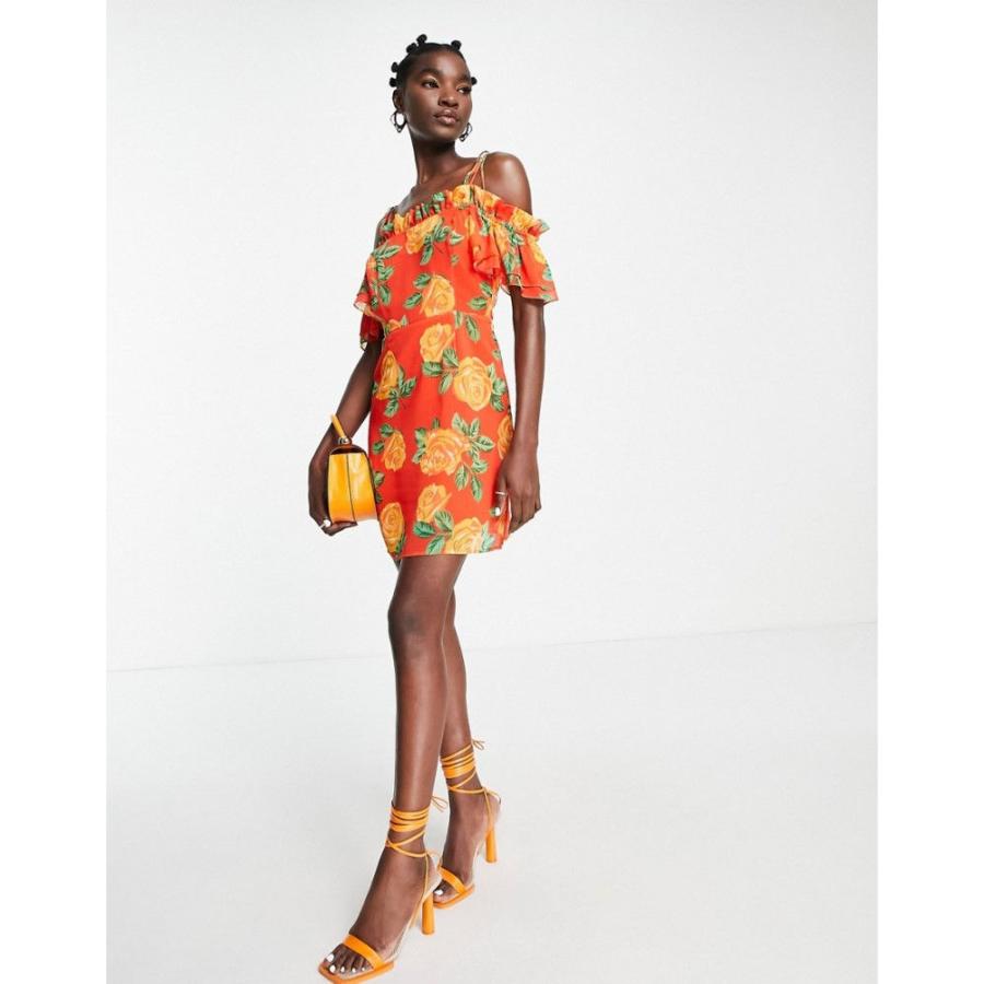 トップショップ (Topshop) レディース ワンピース ワンピース・ドレス Frill Bardot Tie Shoulder Floral Mini Dress In Orange (オレンジ)｜nul-select｜03