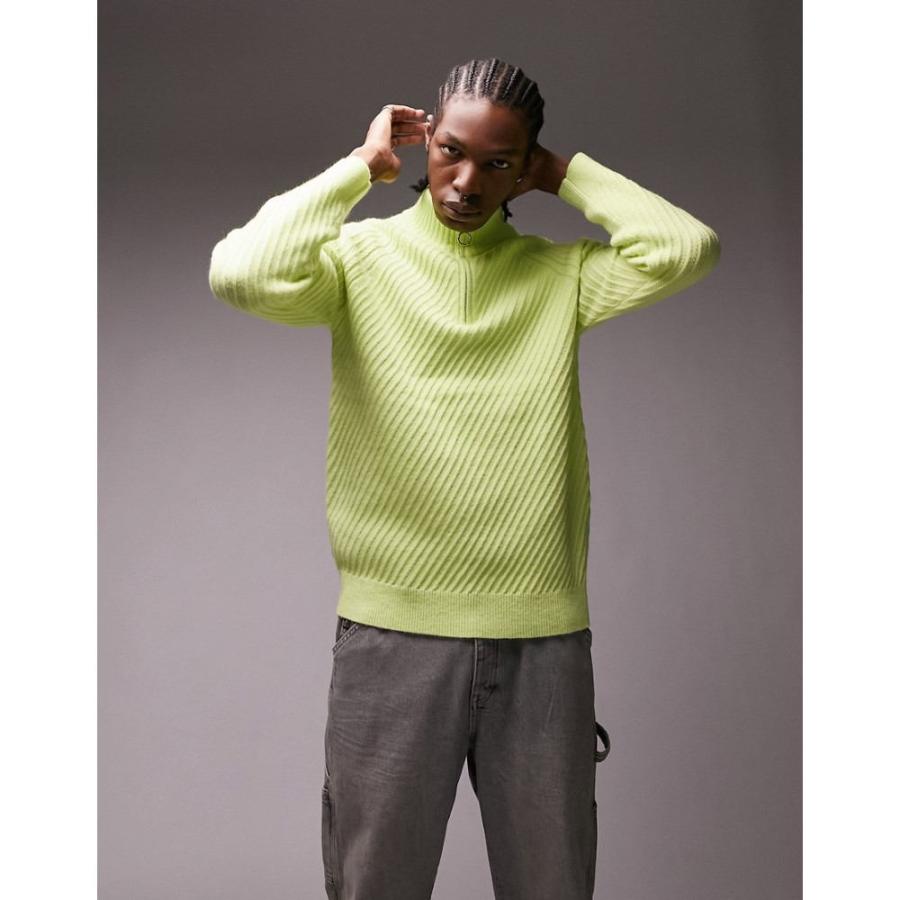 タイム トップマン (Topman) メンズ トップス Knitted 1/4 Zip With Texture In Green (ライムグリーン)