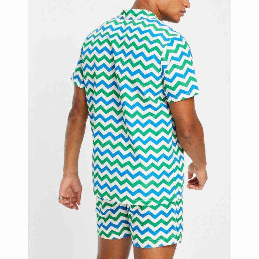 代引き手数料無料 サウスビーチ (South Beach) メンズ ビーチウェア 水着・ビーチウェア Beach Shirt In Green And Blue Zigzag Print (グリーン/ブルー)