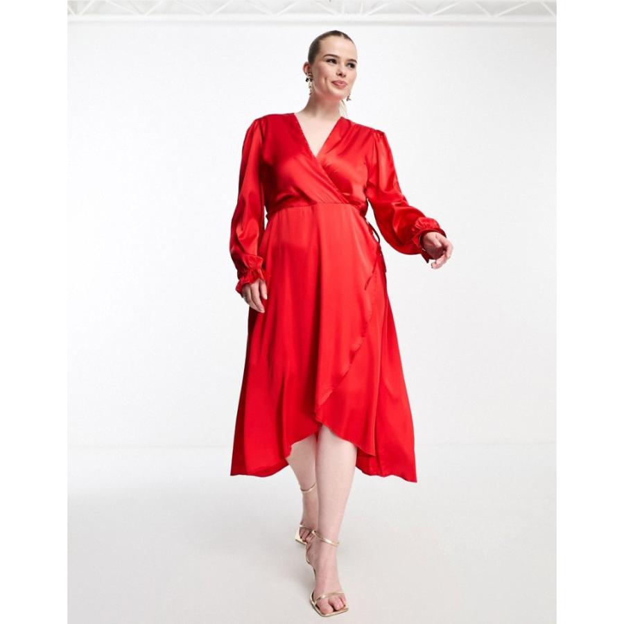 アックスパリス (AX Paris Plus) レディース ワンピース ワンピース・ドレス Long Sleeve Wrap Dress In Red Satin (レッド)｜nul-select｜02