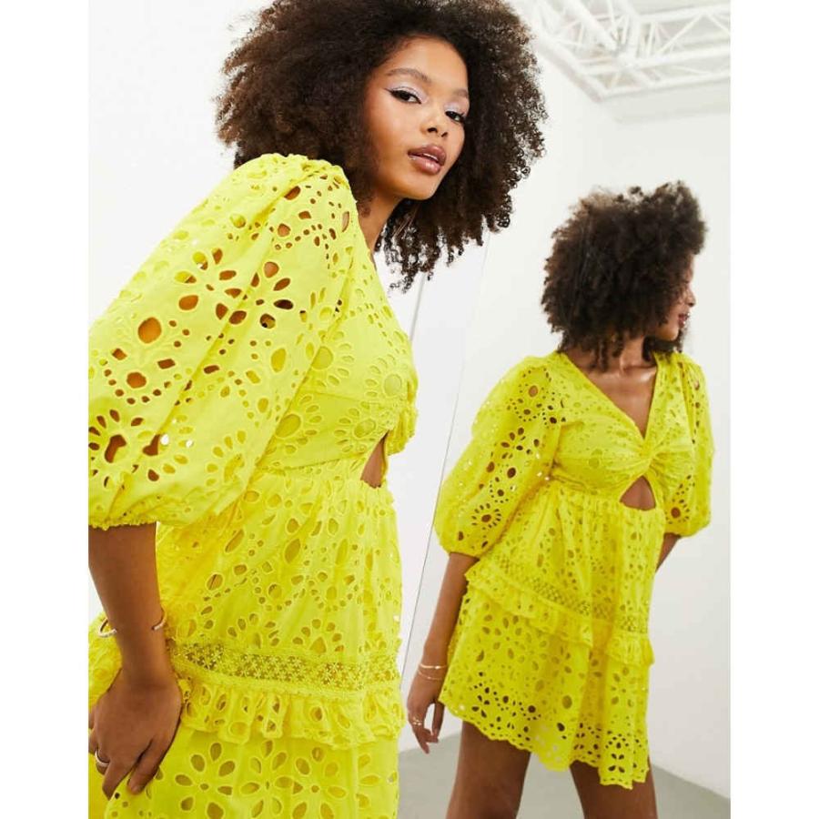 エイソス (ASOS EDITION) レディース ワンピース ワンピース・ドレス Broderie Twist Front Mini Dress With Puff Sleeve In Yellow (イエロー)｜nul-select｜03