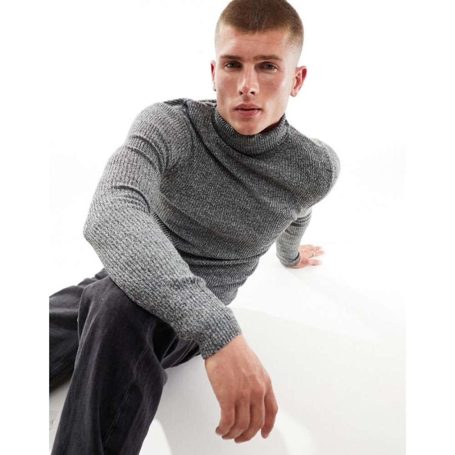エイソス (ASOS DESIGN) メンズ ニット・セーター トップス Muscle Fit Knitted Essential Rib Roll Neck Jumper In Grey Twist (グレーツイスト)｜nul-select｜02