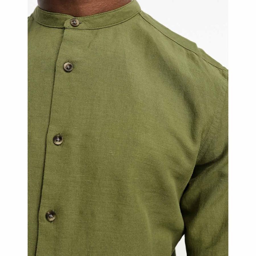 エイソス (ASOS DESIGN) メンズ シャツ トップス Regular Shirt In Linen With Grandad Collar In Khaki Green (アーミーグリーン)｜nul-select｜02