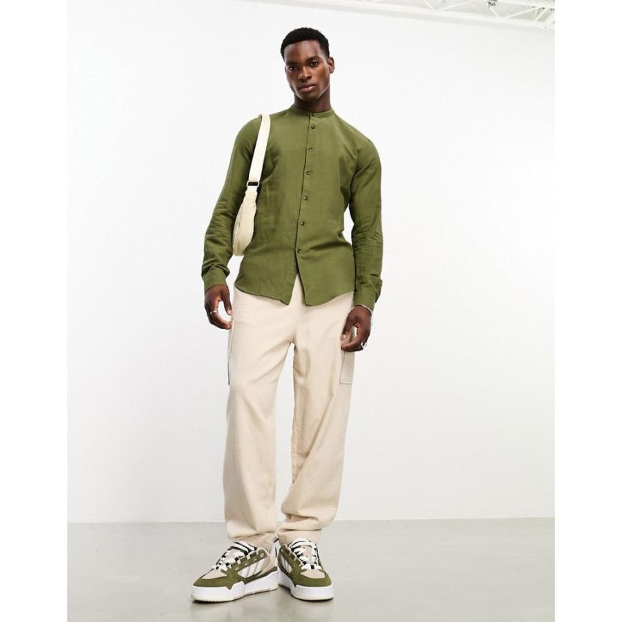 エイソス (ASOS DESIGN) メンズ シャツ トップス Regular Shirt In Linen With Grandad Collar In Khaki Green (アーミーグリーン)｜nul-select｜04