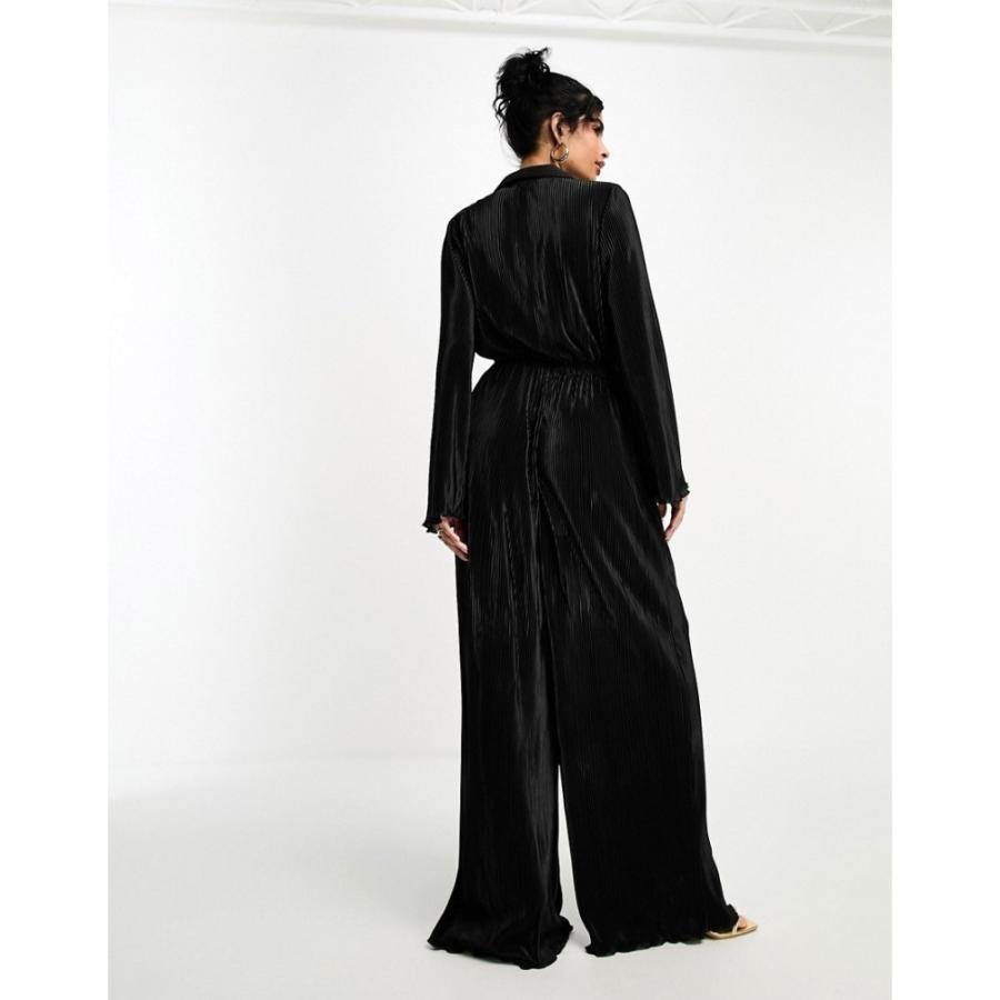 【 開梱 設置?無料 】 エイソス (ASOS DESIGN) レディース オールインワン ワンピース・ドレス Plisse Long Sleeve Shirt Jumpsuit In Black (ブラック)
