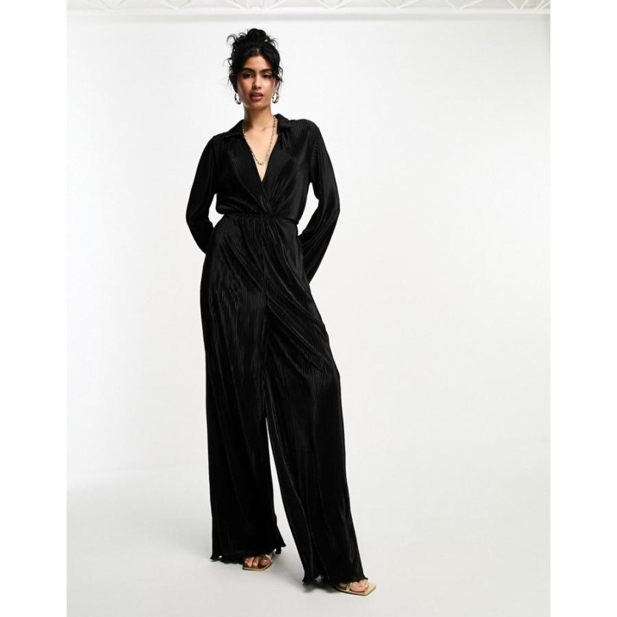 【 開梱 設置?無料 】 エイソス (ASOS DESIGN) レディース オールインワン ワンピース・ドレス Plisse Long Sleeve Shirt Jumpsuit In Black (ブラック)