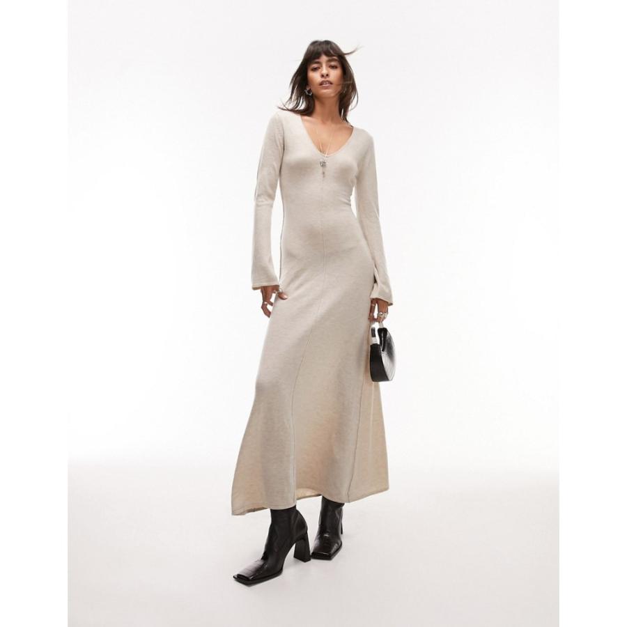 トップショップ (Topshop) レディース ワンピース ワンピース・ドレス Knitted V-Neck Flute Sleeve Maxi Dress In Stone (ベージュ)｜nul-select｜04