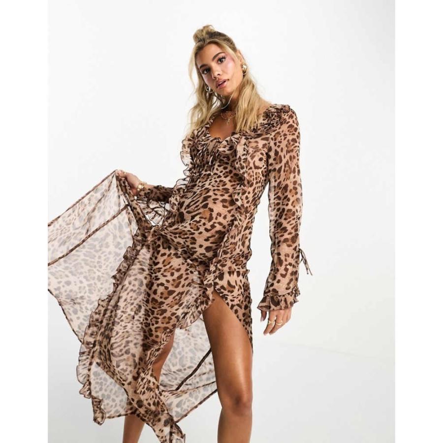 安い直販店 ミス セルフリッジ (Miss Selfridge) レディース ビーチウェア 水着・ビーチウェア Beach Chiffon Leopard Long Sleeve Side Split Maxi Dress (レオパード)