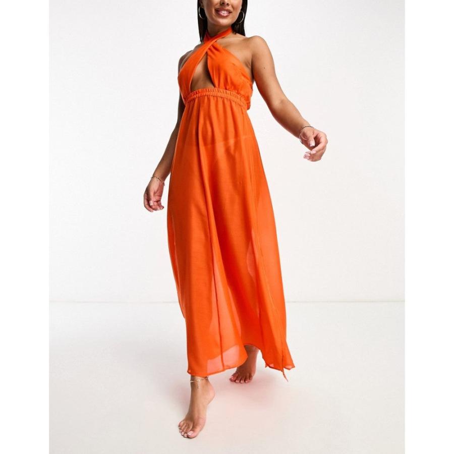 ヴェロモーダ (Vero Moda) レディース ビーチウェア 水着・ビーチウェア Cross Over Halterneck Beach Maxi Dress In Bright Orange (オレンジ)｜nul-select｜04