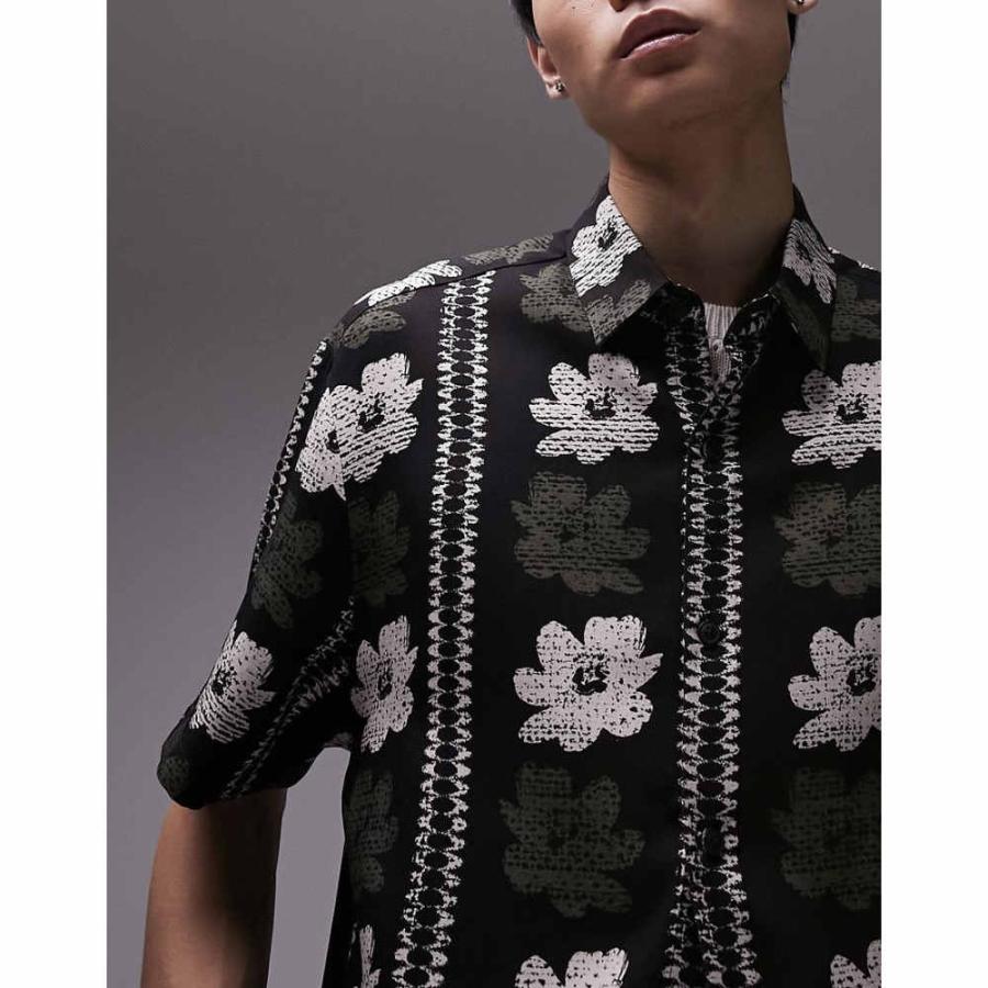 トップマン (Topman) メンズ 半袖シャツ トップス Short Sleeve Regular Striped Floral Printed Shirt In Black (ブラック)｜nul-select｜03