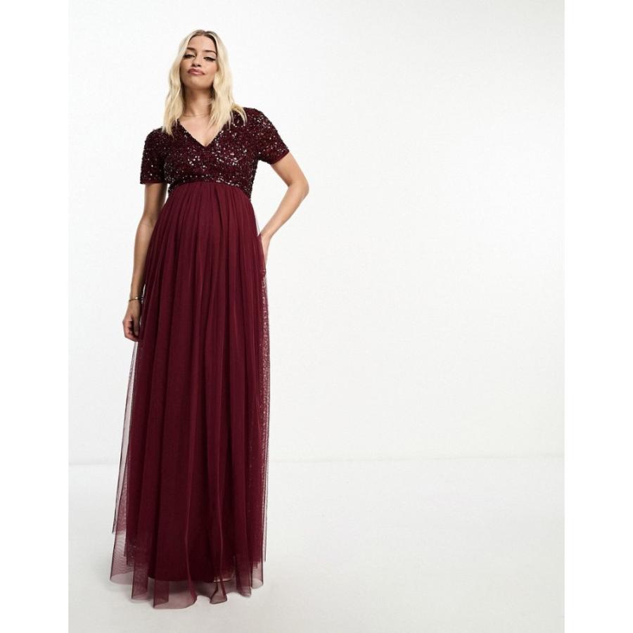 マヤ マタニティ (Maya Maternity) レディース パーティードレス Bridesmaid Short Sleeve Maxi Tulle Dress With Tonal Delicate Sequins In Wine (ワイン)｜nul-select｜03