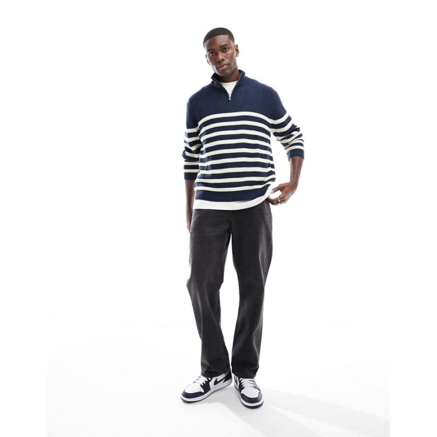 エイソス (ASOS DESIGN) メンズ ニット・セーター トップス Oversized Knitted Fisherman Rib Half Zip Jumper In Navy And White Stripe (ネイビー)｜nul-select｜04