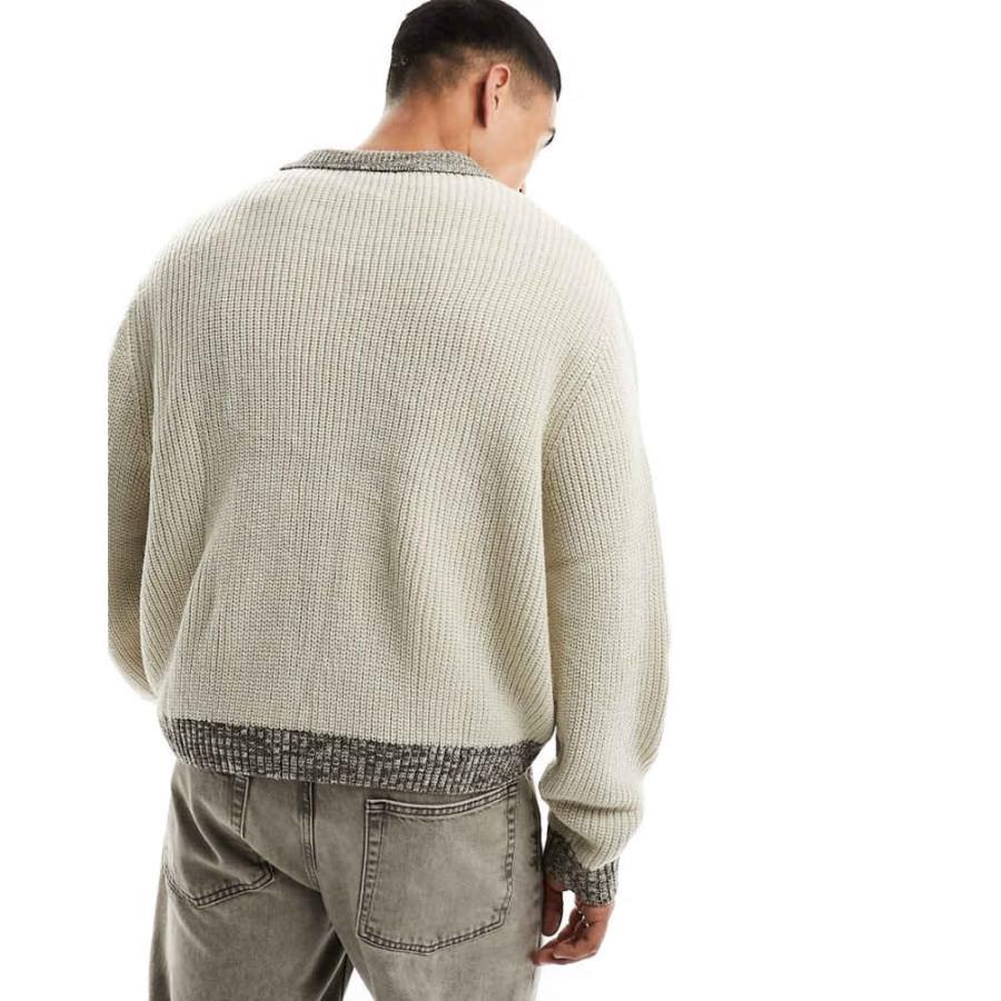 エイソス (ASOS DESIGN) メンズ ニット・セーター トップス Oversized Knitted Contrast Notch Neck Fisherman Rib Jumper In Stone (ベージュ)｜nul-select｜03