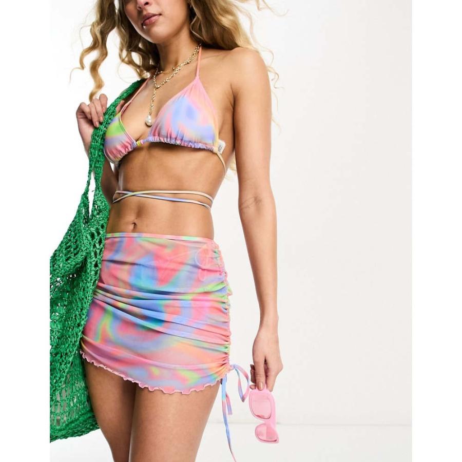 モンキ (Monki) レディース トップのみ Co-Ord Swirl Print Triangle Wrap Around Bikini Top With Front Pearls In Pink Multi (ピンクマルチ)｜nul-select｜03