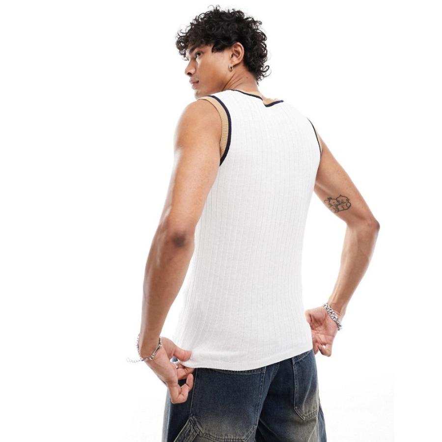 日本初の公式オンライン エイソス (ASOS DESIGN) メンズ タンクトップ トップス Knitted Muscle Vest With Contrast Rib In White (ホワイト)