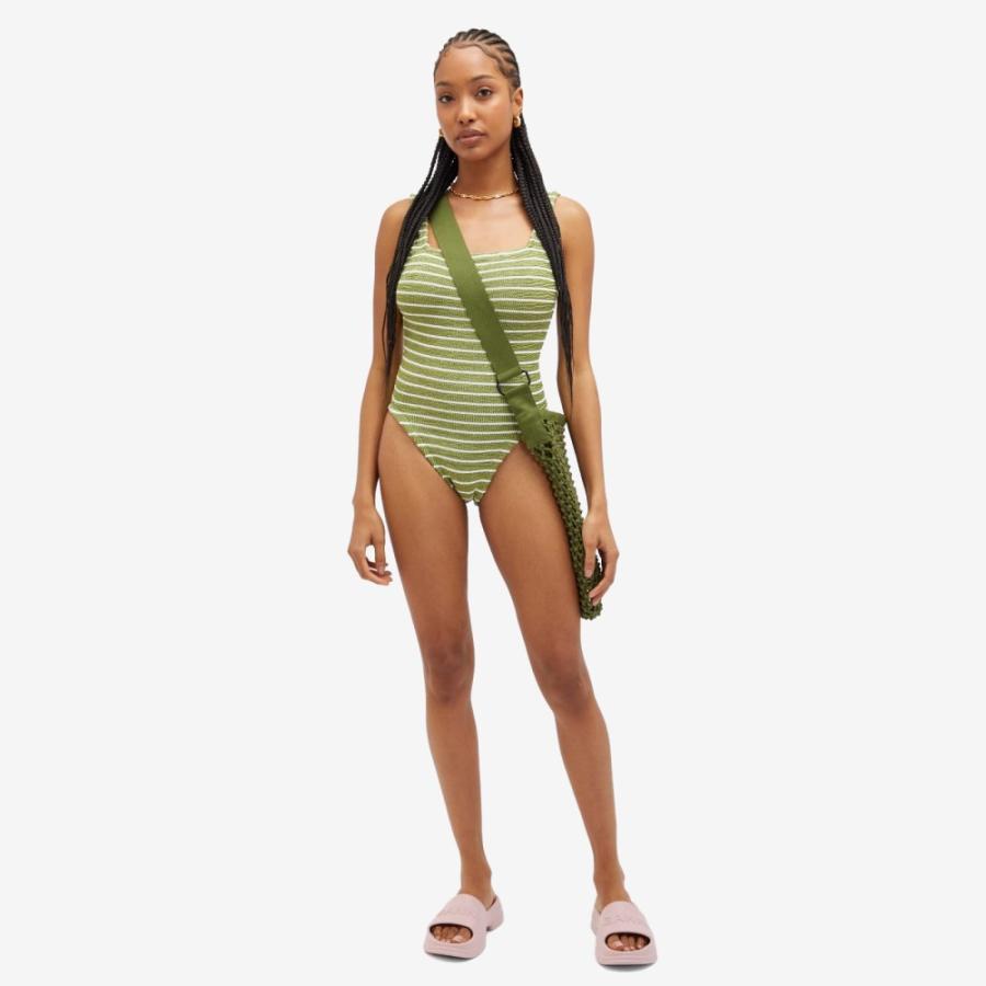 フンザG (Hunza G) レディース ワンピース 水着・ビーチウェア Square Neck Swimsuit (Metallic Moss/White)｜nul-select｜04