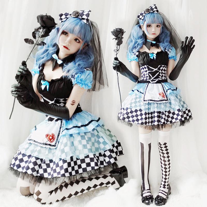 コスプレ 衣装 クラウンメイド コスチューム アリス 水色 市松模様 