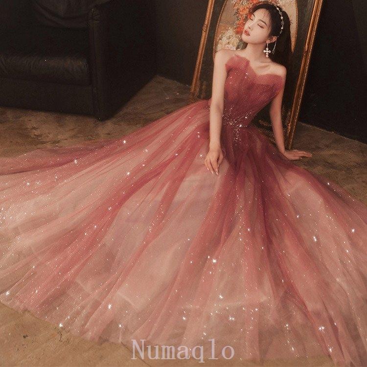 イブニングドレスワイン赤グラデーションロングドレススパンコール発表