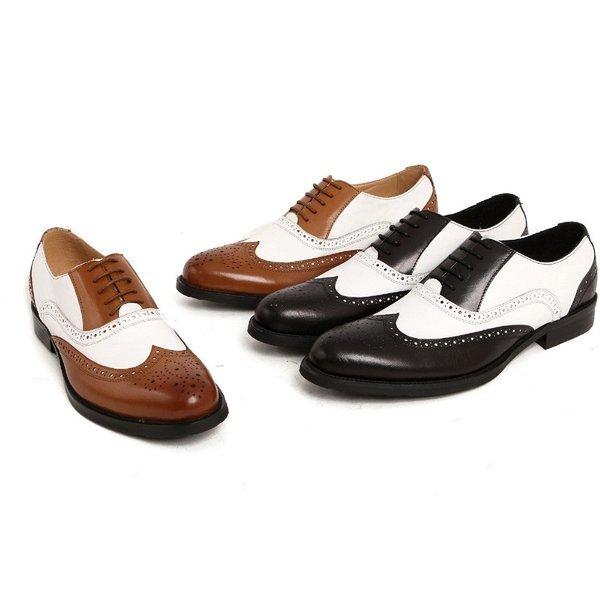 白黒コンビビジネスシューズメンズ2トン内羽根紳士靴ウイングチップ
