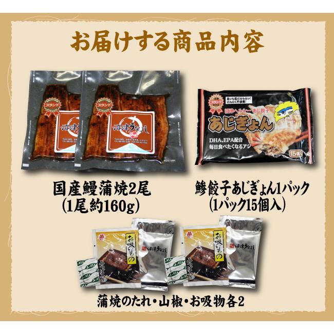 蒲焼・鯵餃子の２種類　蒲焼２尾・あじぎょん１５個　送料無料　国産うなぎ　手焼き　冷凍クール便 |  | 11