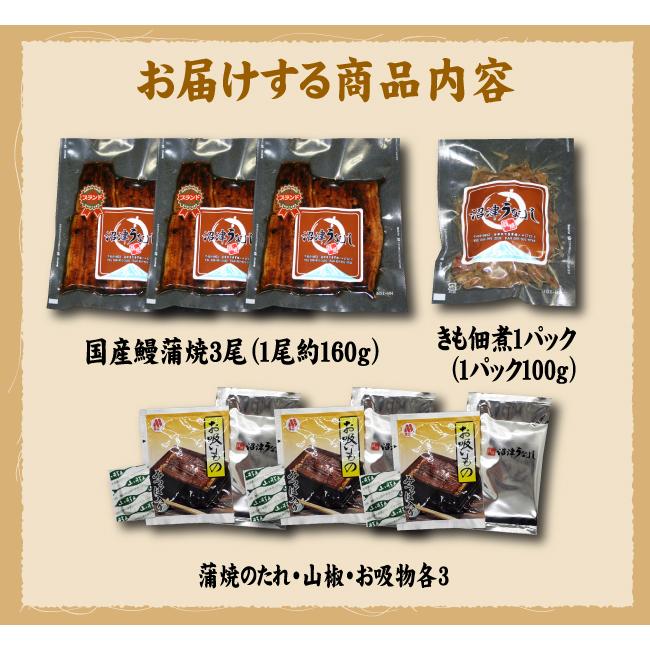 蒲焼・きも佃煮の２種類　手焼き　蒲焼３尾・きも佃煮１００ｇ　送料無料　国産うなぎ　冷蔵クール便 |  | 07