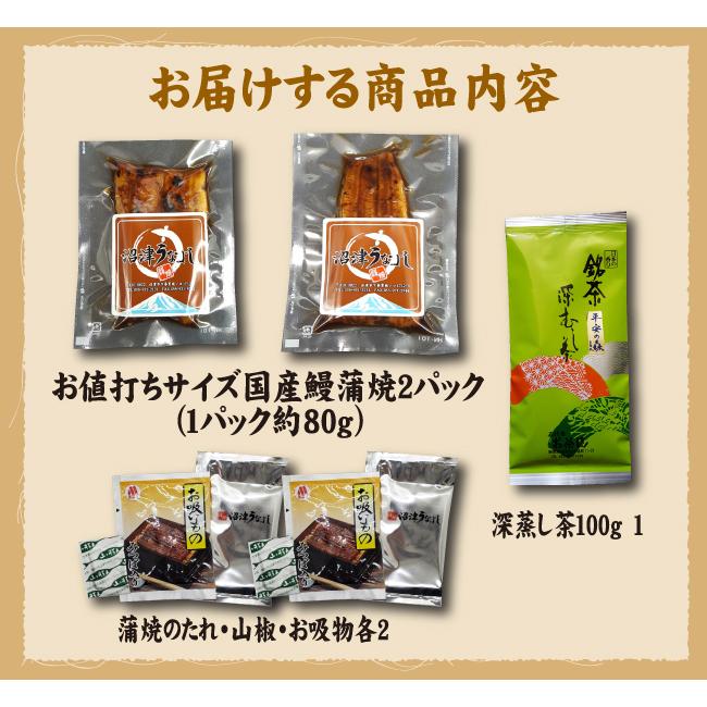 しずおかセット　お値打ちサイズ蒲焼２パック・深蒸し茶１００ｇ　送料無料　静岡茶　冷蔵クール便　国産うなぎ　ギフト　お祝い　誕生日 |  | 07