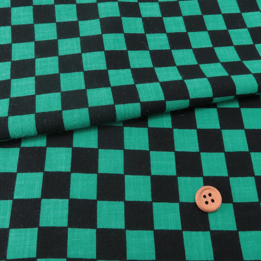 ムラ糸モーリークロス 手捺染 市松柄2cm角(黒/緑) 10cm単位 切り売り | 