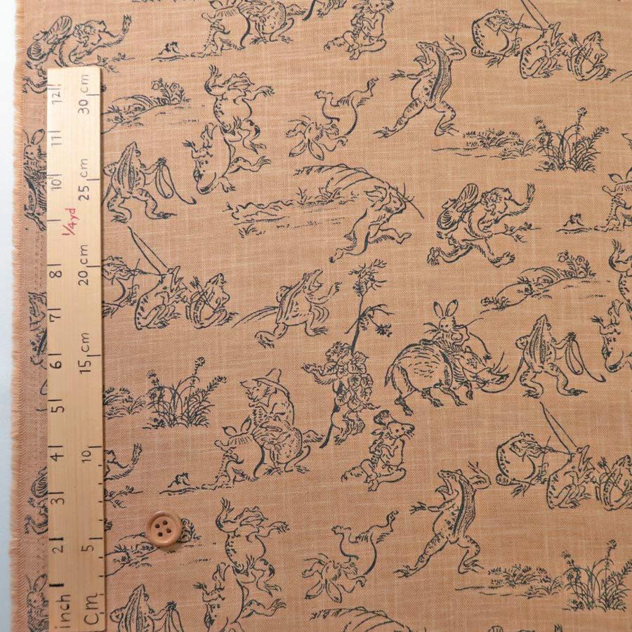 和柄コットン生地・鳥獣人物戯画(きゃら色) 10cm単位 切り売り |  | 02