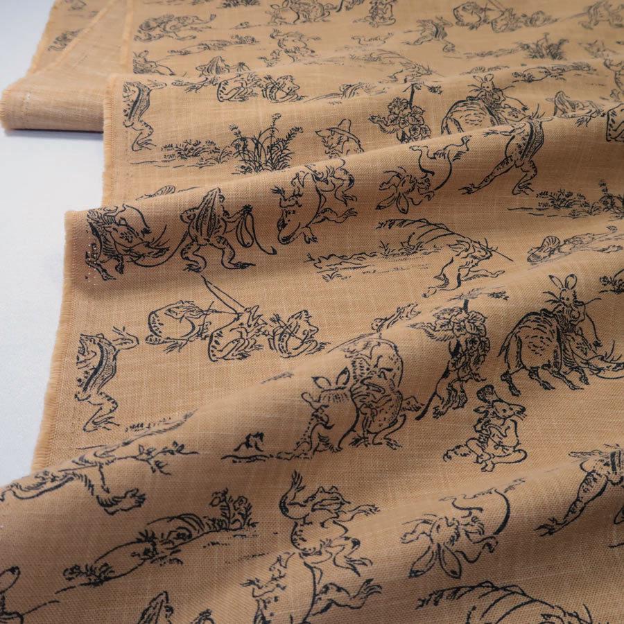 和柄コットン生地・鳥獣人物戯画(きゃら色) 10cm単位 切り売り |  | 03