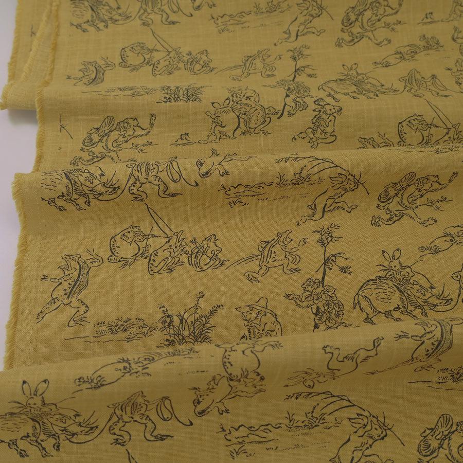 和柄コットン生地・鳥獣人物戯画(からし色) 10cm単位 切り売り |  | 03