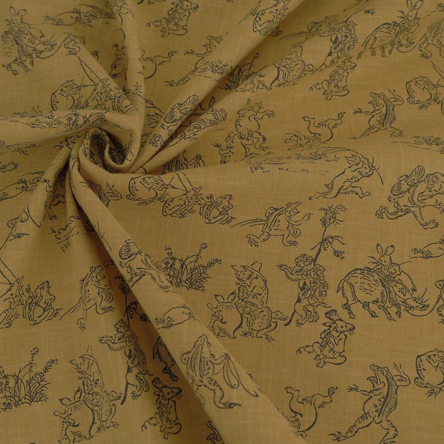 和柄コットン生地・鳥獣人物戯画(からし色) 10cm単位 切り売り |  | 04