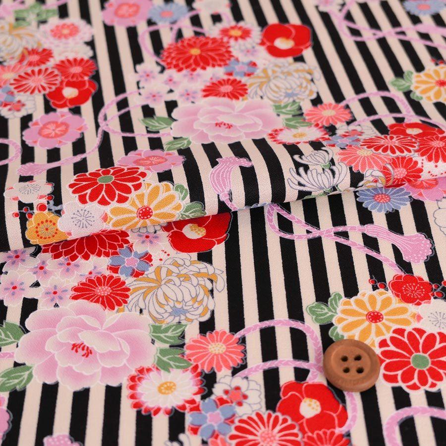 和柄コットン生地 アムンゼン 縞に花結び 黒 10cm単位 切り売り 2107 布がたり ヤフー店 通販 Yahoo ショッピング