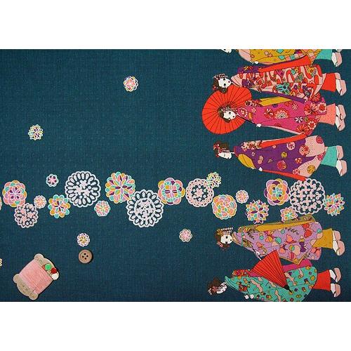 和柄コットン生地・舞妓さんのおでかけ(青緑) 10cm単位 切り売り |  | 02