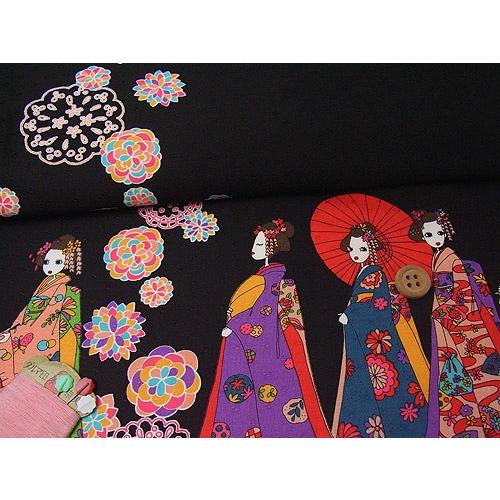 和柄コットン生地・舞妓さんのおでかけ(黒) 10cm単位 切り売り | 