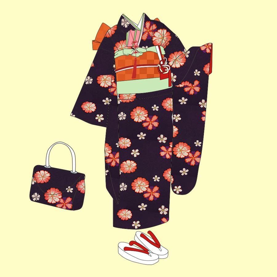 ポリちりめん生地 桜紋ちらし(黒/オレンジ) 10cm単位 切り売り |  | 06