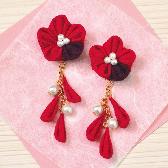 つまみ細工キット・彩花イヤリング（レッド） : 布がたり ヤフー店