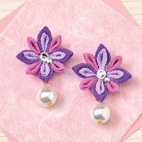 つまみ細工 イヤリング パープル 花 つまみ細工キット・彩花イヤリング（パープル） : 布がたり ヤフー店