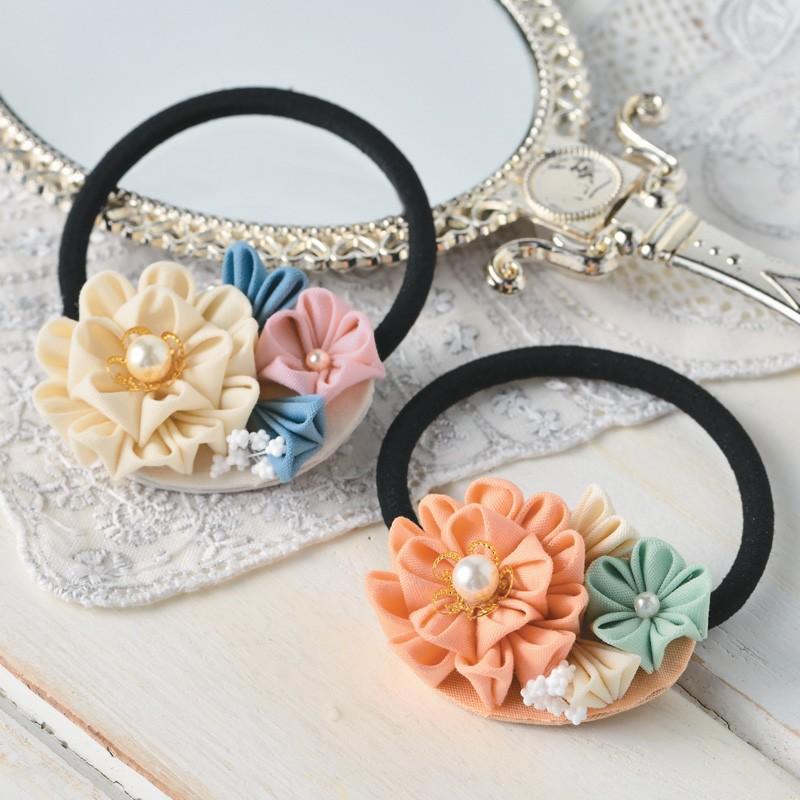 手作りキット 普段づかいのつまみ細工 ヘアゴム(クリーム) : 布がたり 