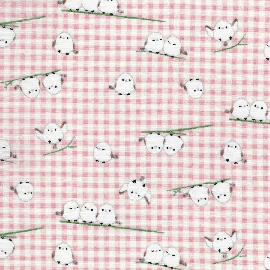 ダブルガーゼ FUWARI 染布 シマエナガ チェック ピンク系 2色 1m単位