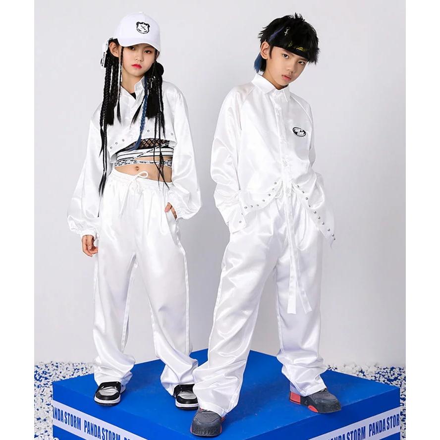 キッズ ダンス 衣装 ヒップホップ 白 セットアップ 長袖 ダンススーツ 