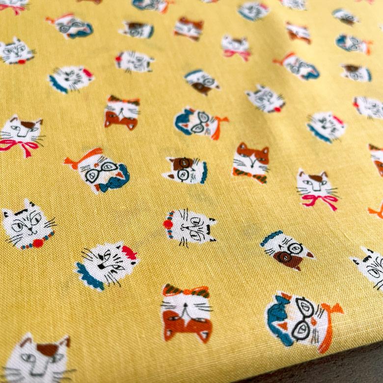 10センチ単位】猫柄 生地 布 【1】イエロー おしゃれねこ シーチング