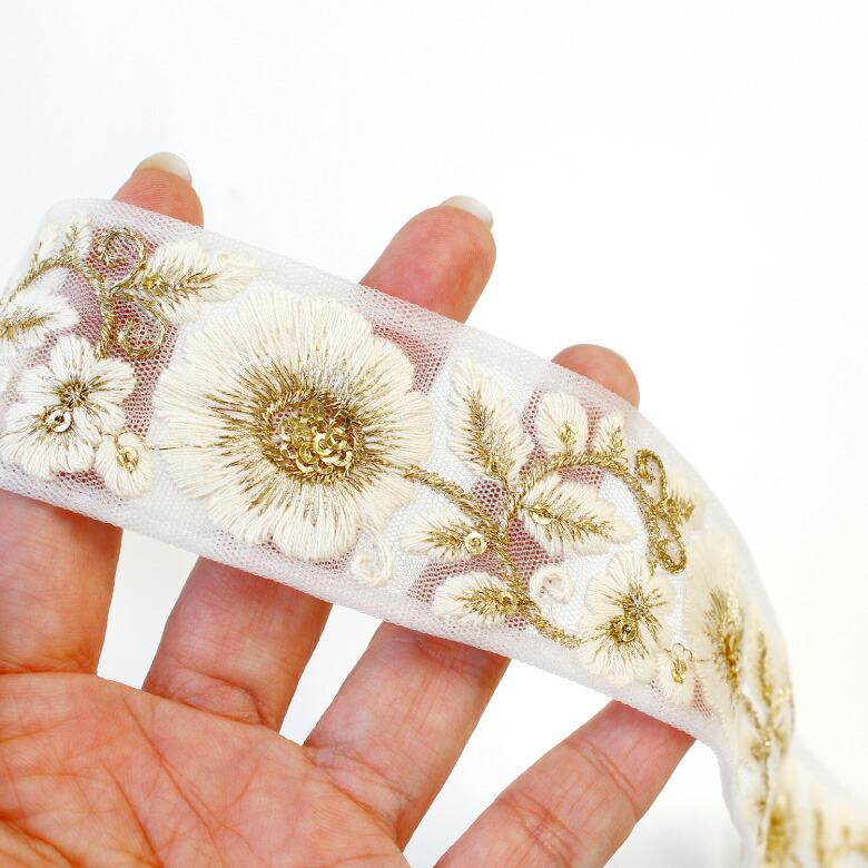 40mm幅 インド刺繍リボン【10センチ単位】花柄 チロリアンテープ