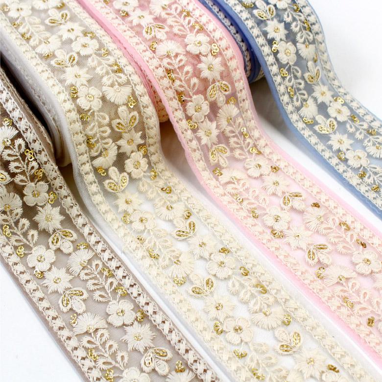 52mm幅 インド刺繍リボン【10センチ単位】花柄 チロリアンテープ