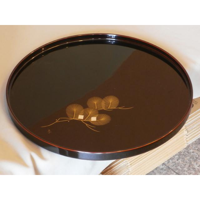 【新品】漆器　盆 　越前塗り 丸盆 越前漆器 越前塗り 木製 お盆 尺0寸 溜塗り 漆塗り 松 沈金 天然