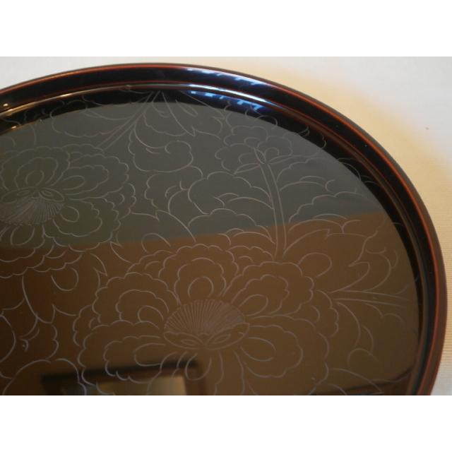 丸盆 木製 越前漆器 越前塗り お盆 尺0寸 溜塗り 漆塗り 黒牡丹彫り